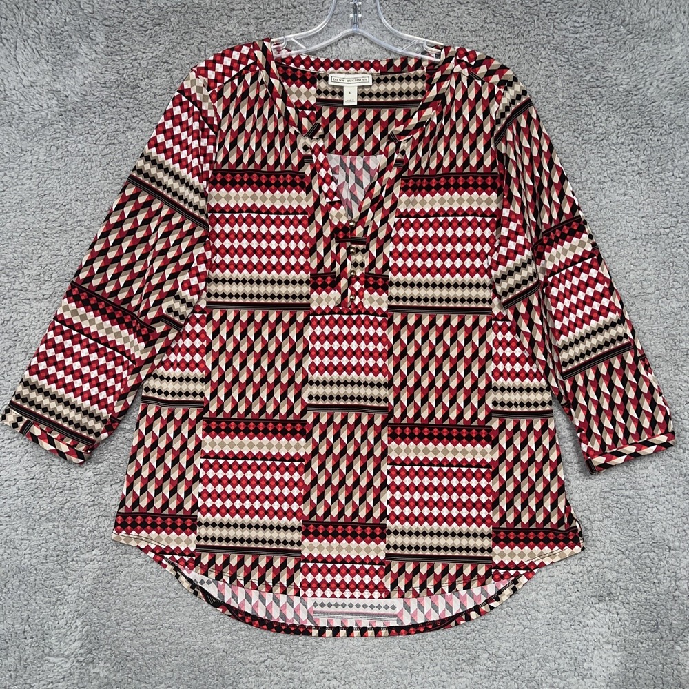 Dana Buchman Button Up Top Women's Size L Geometric Print 3/4 Sleeve Cottagecore